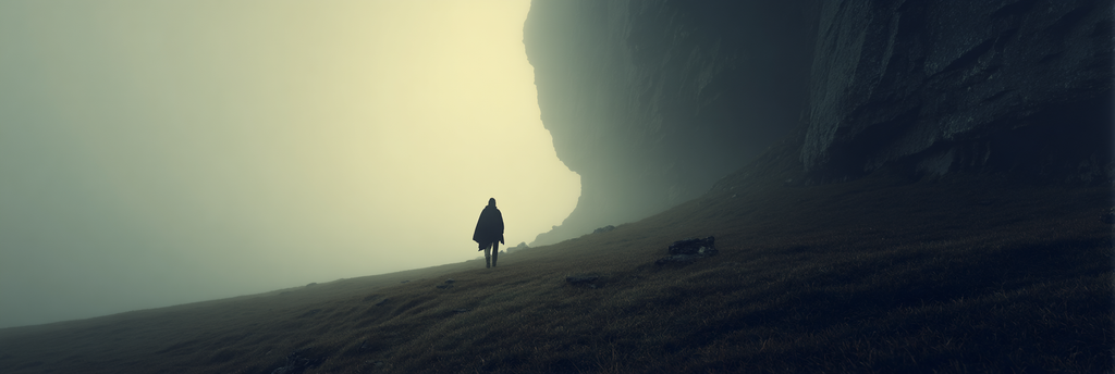 Person Geht Durch Neblige Landschaft Dramatische Klippe | Fotografie | Kunstgattungen