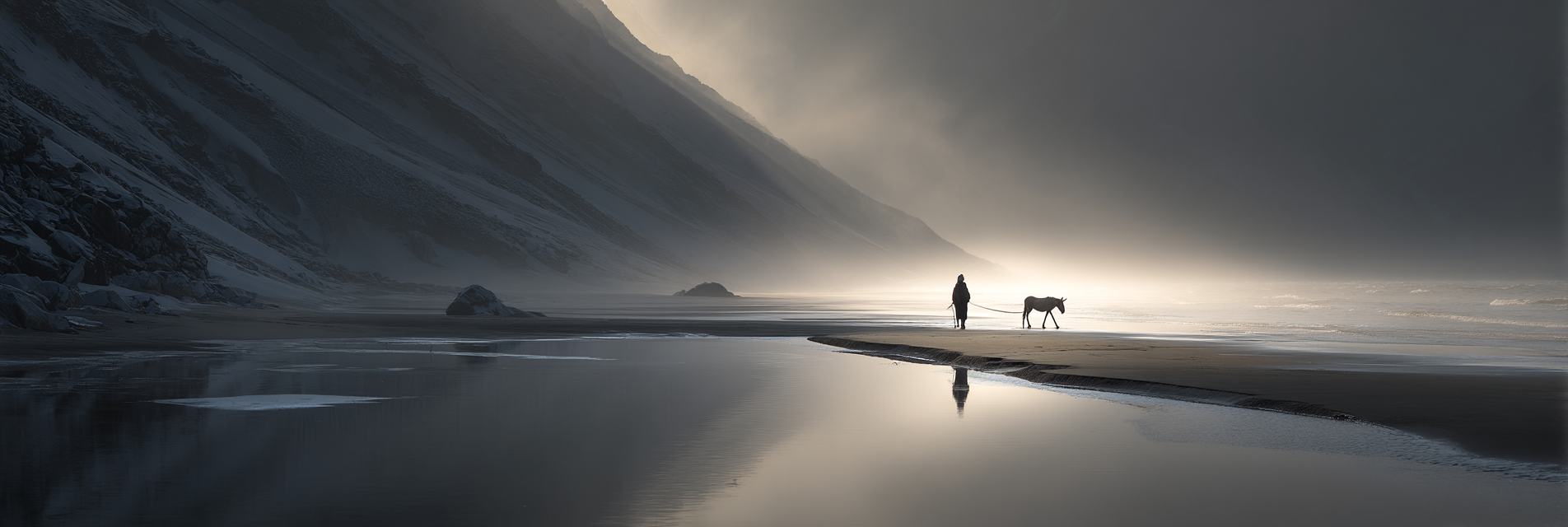 Person Geht Pferd Strand Berge Nebel | Fotografie | Kunstgattungen