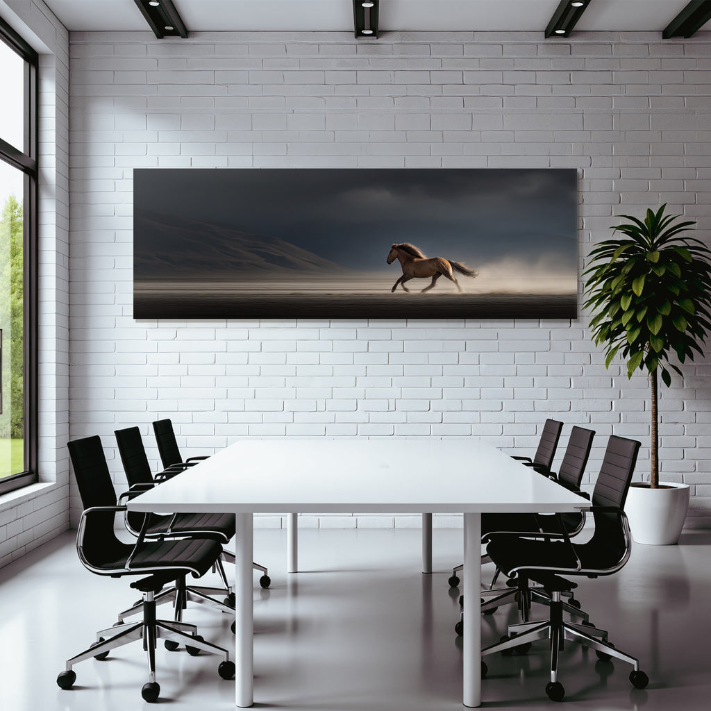Pferd Im Laufueber Landschaft Unter Bewoelktlichem Himmel