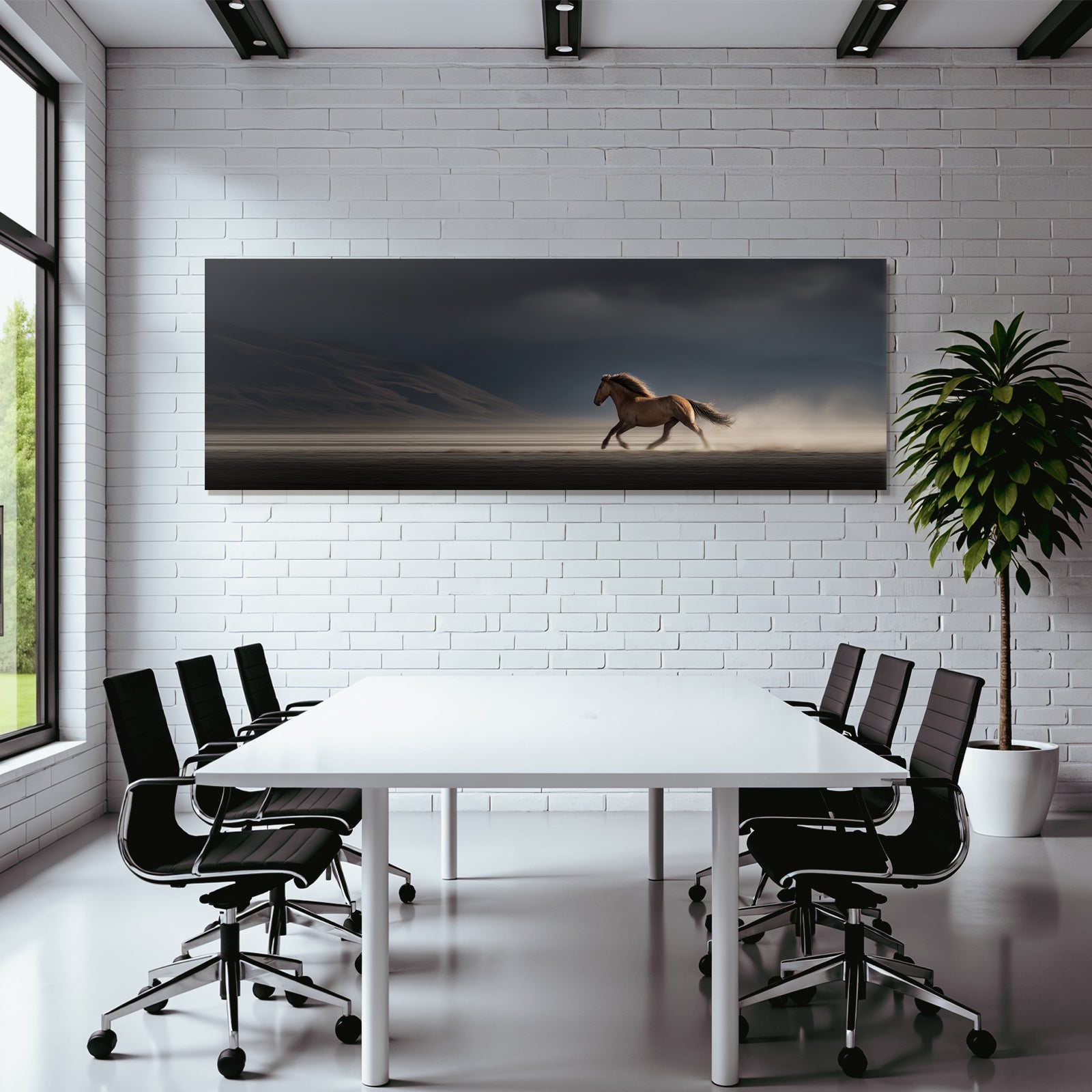 Pferd Im Laufueber Landschaft Unter Bewoelktlichem Himmel