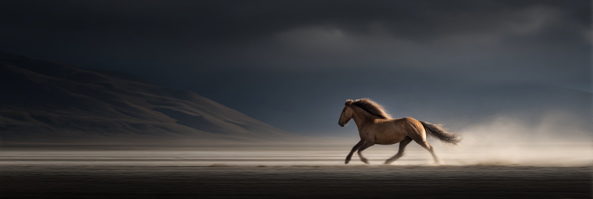 Pferd Im Laufueber Landschaft Unter Bewoelktlichem Himmel | Fotografie | Kunstgattungen