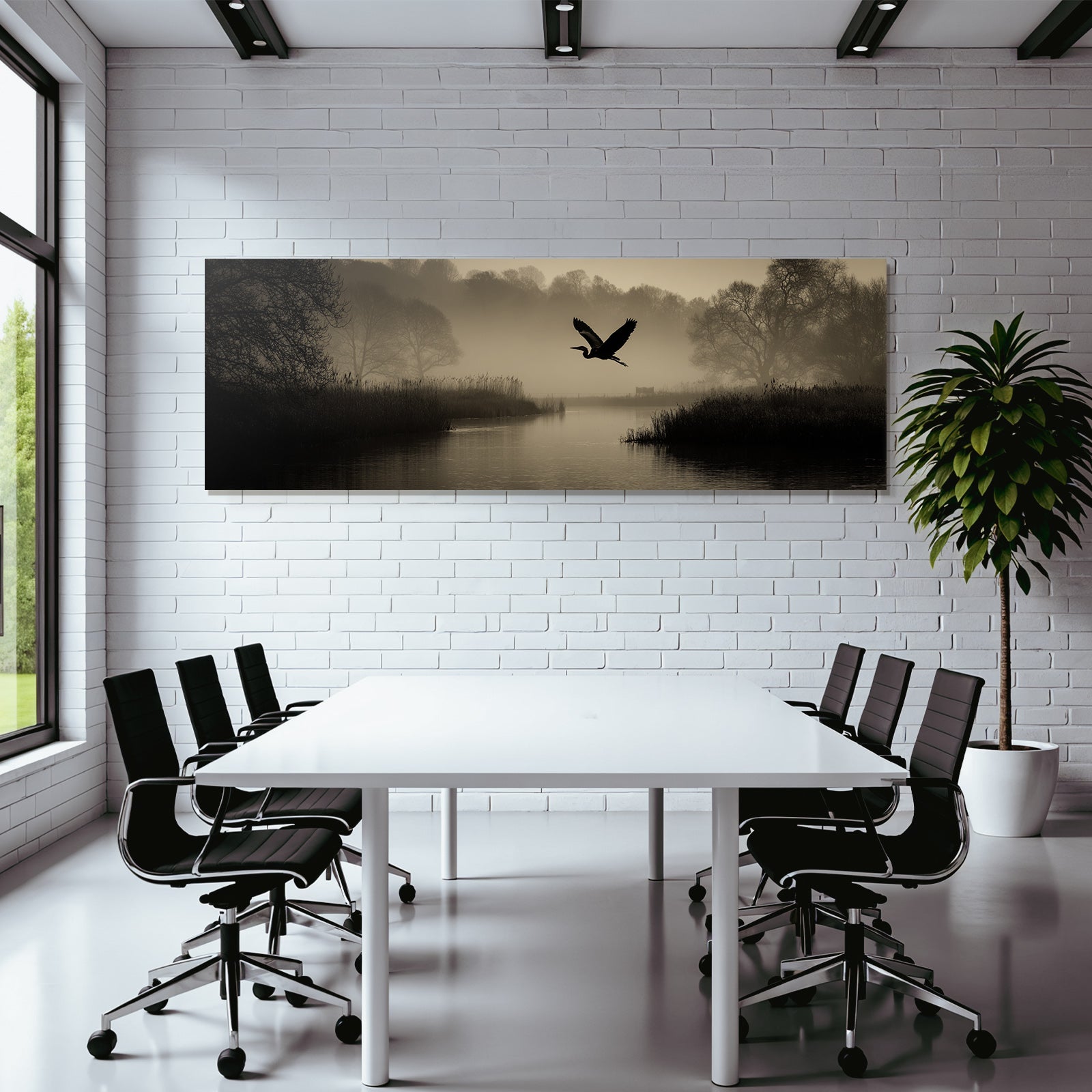 Ruhige Landschaft Mit Fluß Nebel Und Heron