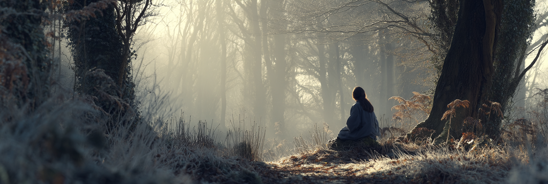 Ruhiger Wald Mit Person Sitzend Und Nebel | Fotografie | Kunstgattungen