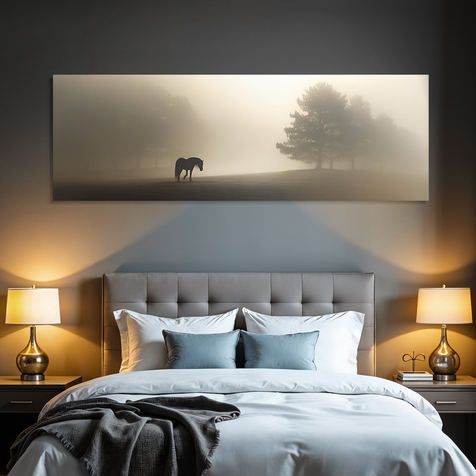 Ruhiges Nebelhaftes Landschaft Horse Allein Baum Silhouette