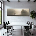 Ruhiges Nebelhaftes Landschaft Horse Allein Baum Silhouette