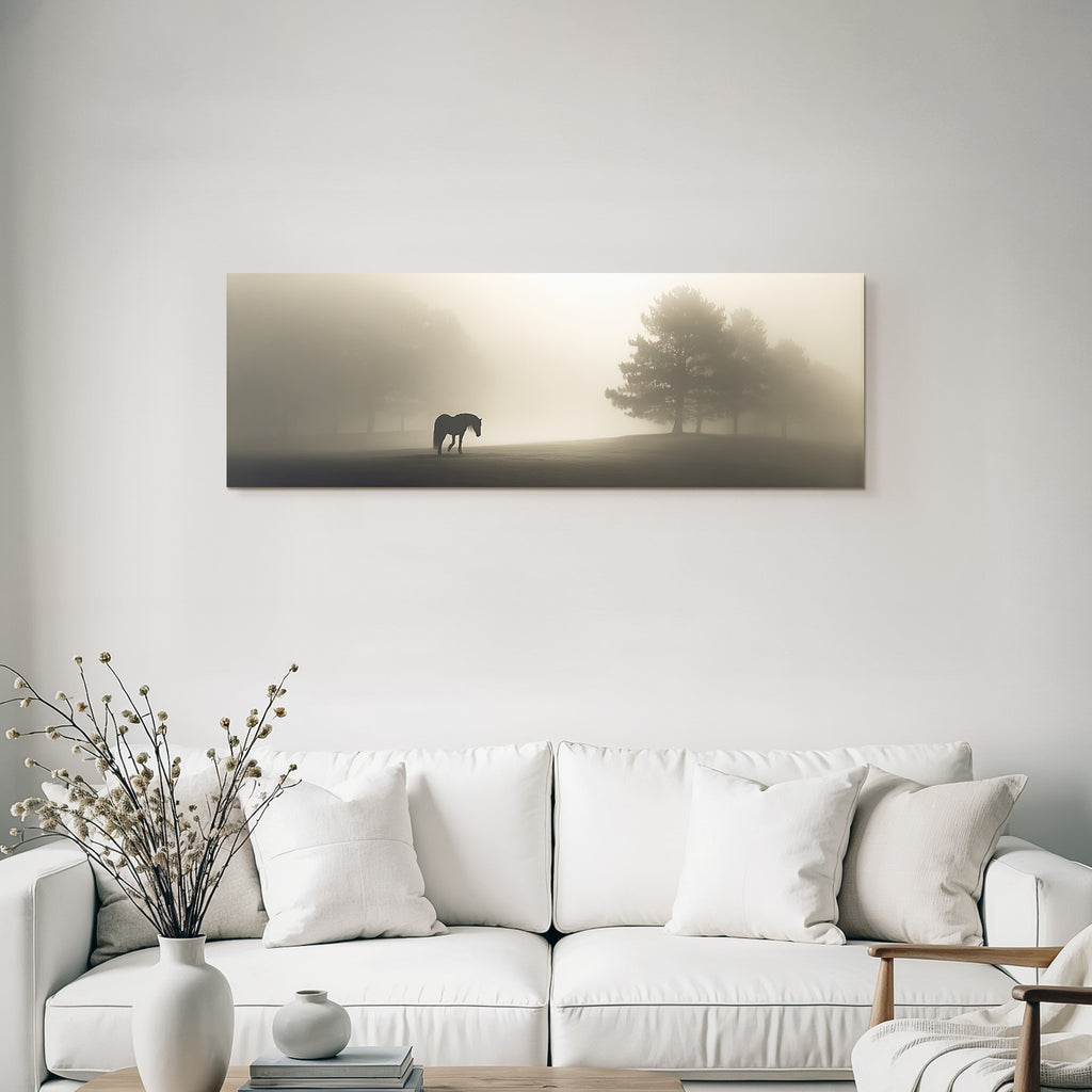 Ruhiges Nebelhaftes Landschaft Horse Allein Baum Silhouette
