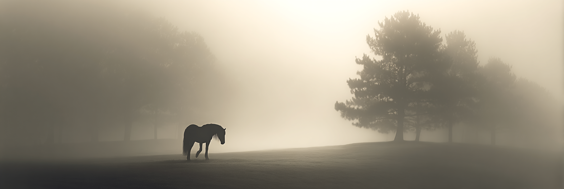 Ruhiges Nebelhaftes Landschaft Horse Allein Baum Silhouette | Fotografie | Kunstgattungen