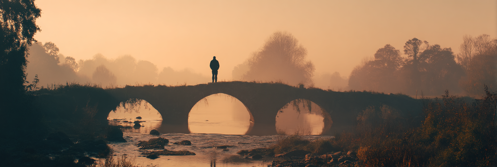 Stillelandschaft Silhoütte Person Steinbrücke Nebel Morgenzeit | Fotografie | Kunstgattungen