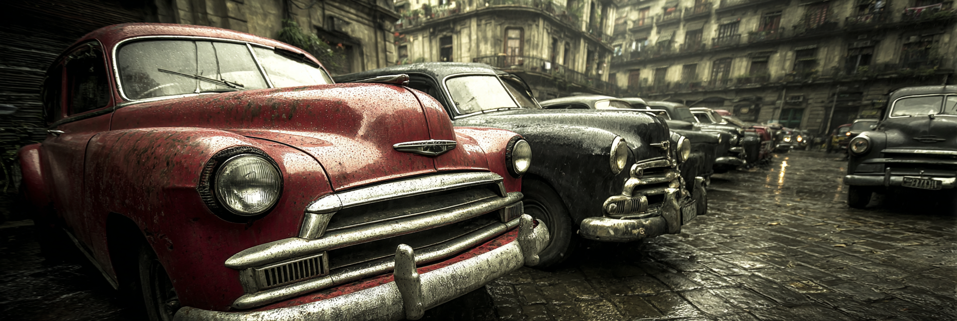 Vintageautos Regennaße Straße Historische Stadt | Fotografie | Kunstgattungen