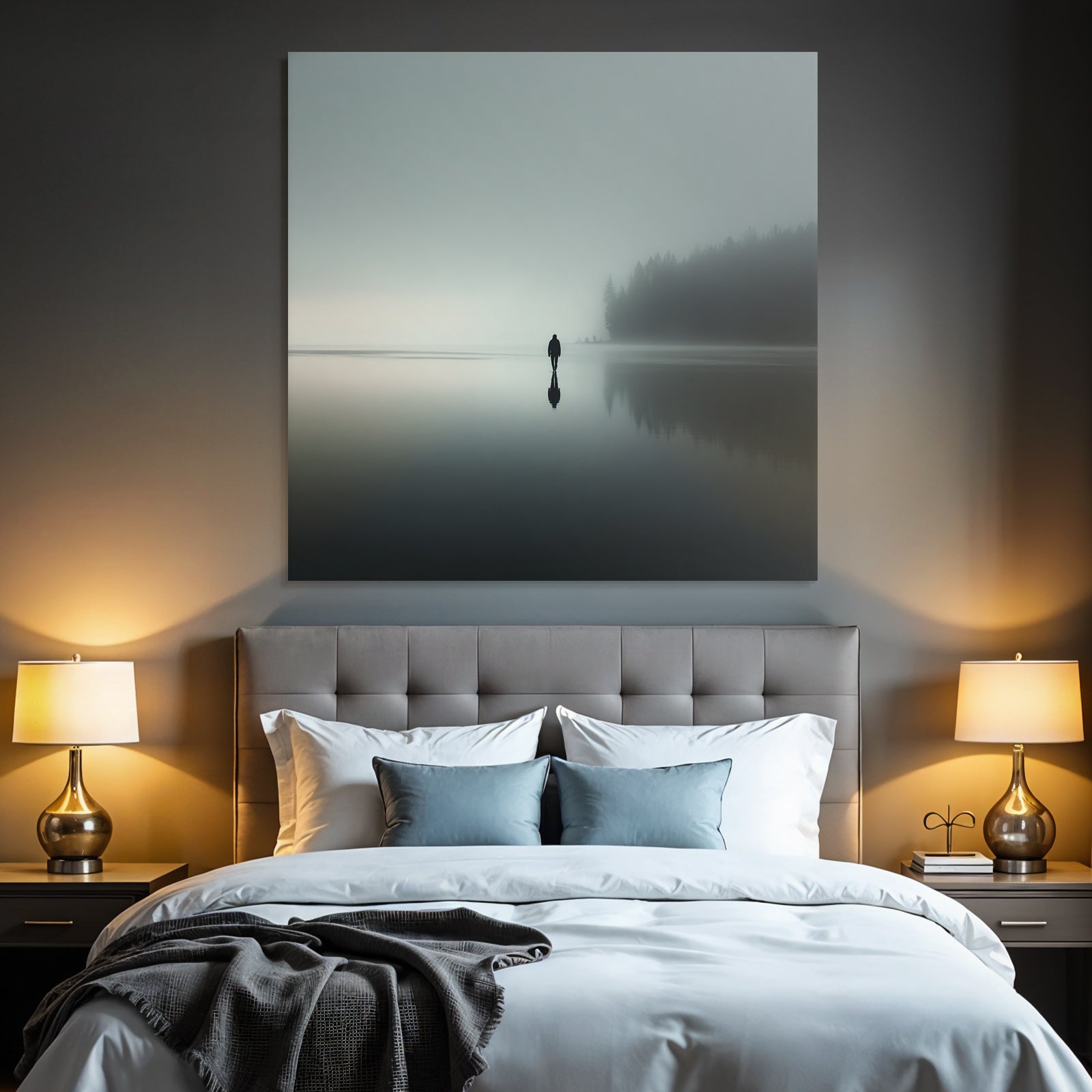 Einsame Figur Am See Im Nebel