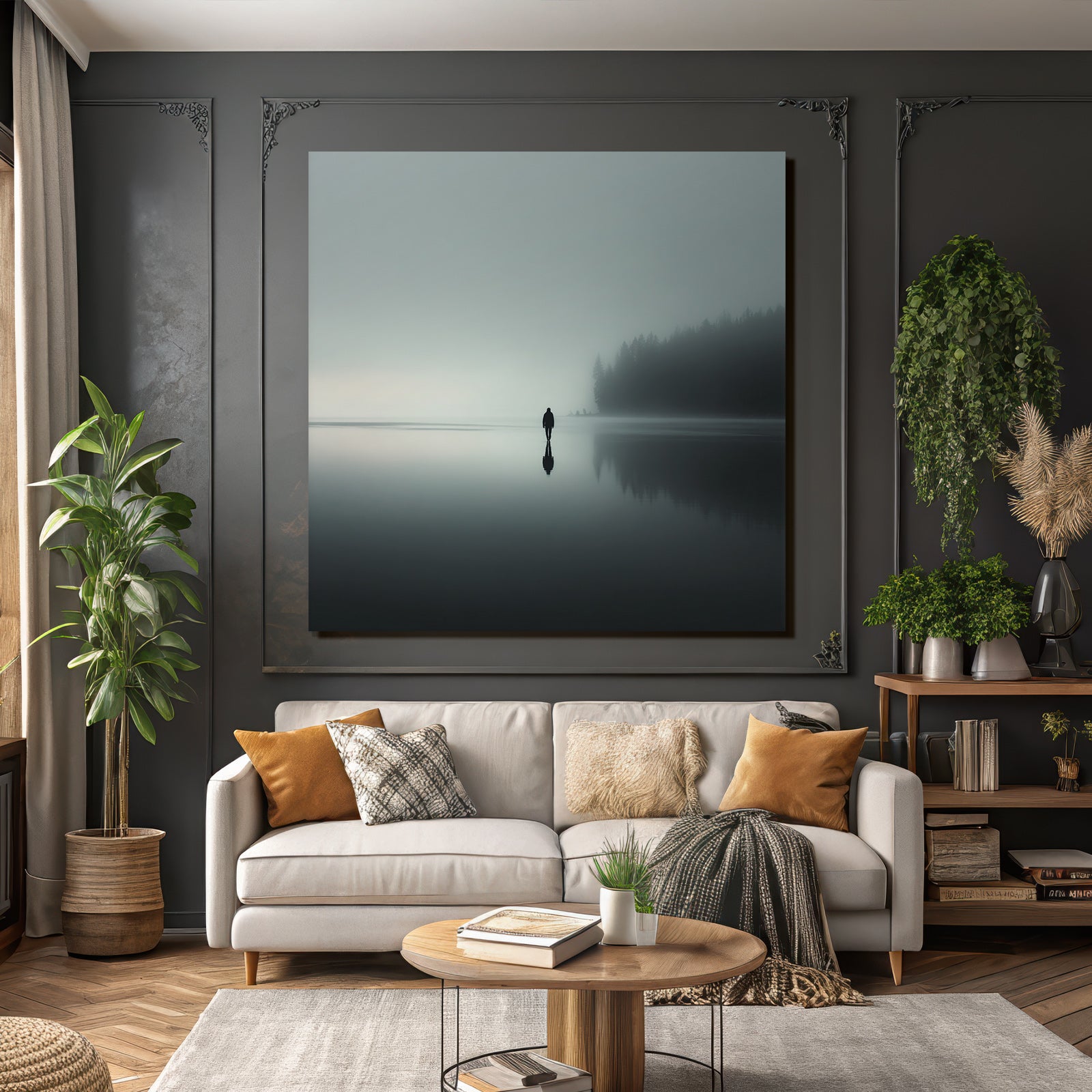 Einsame Figur Am See Im Nebel