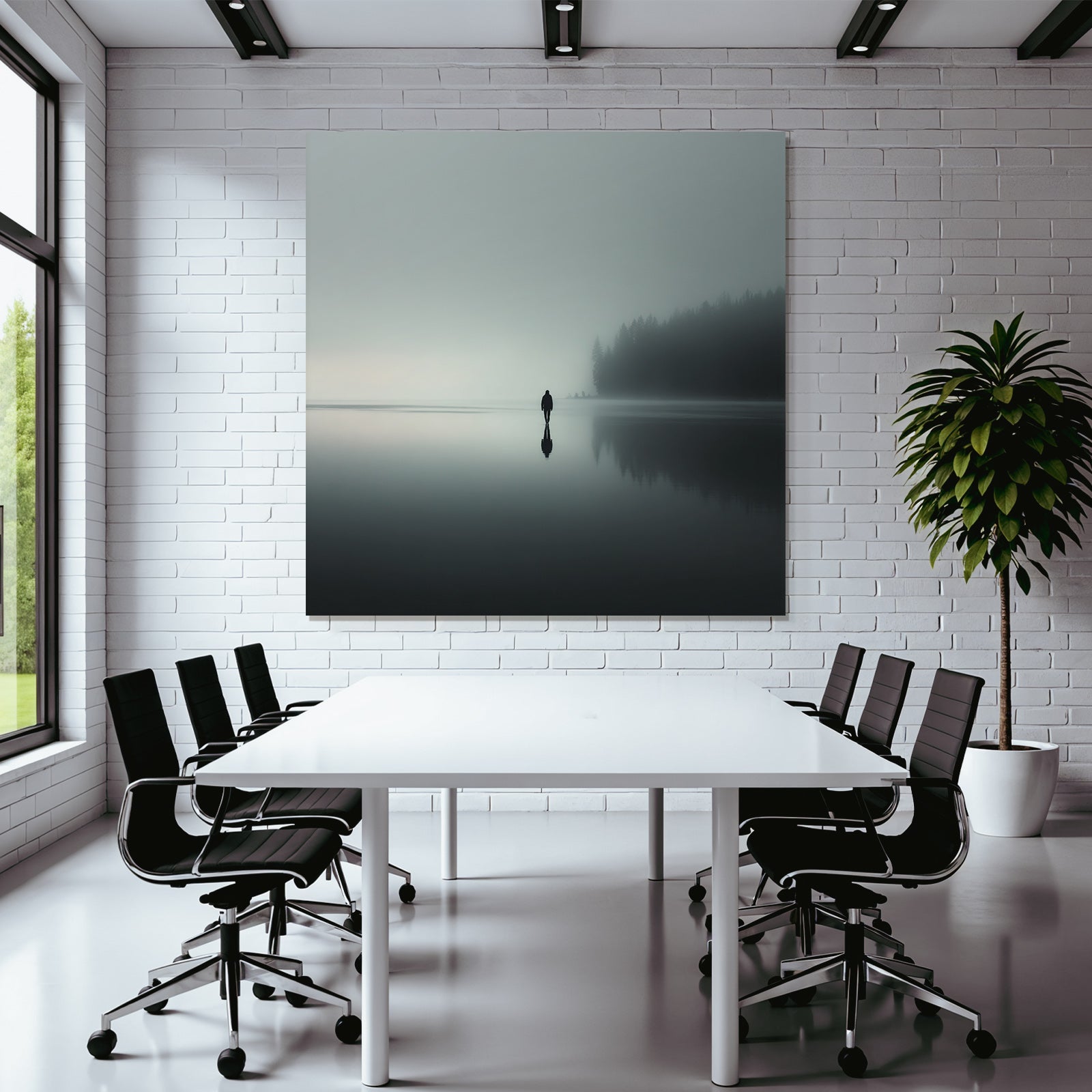 Einsame Figur Am See Im Nebel