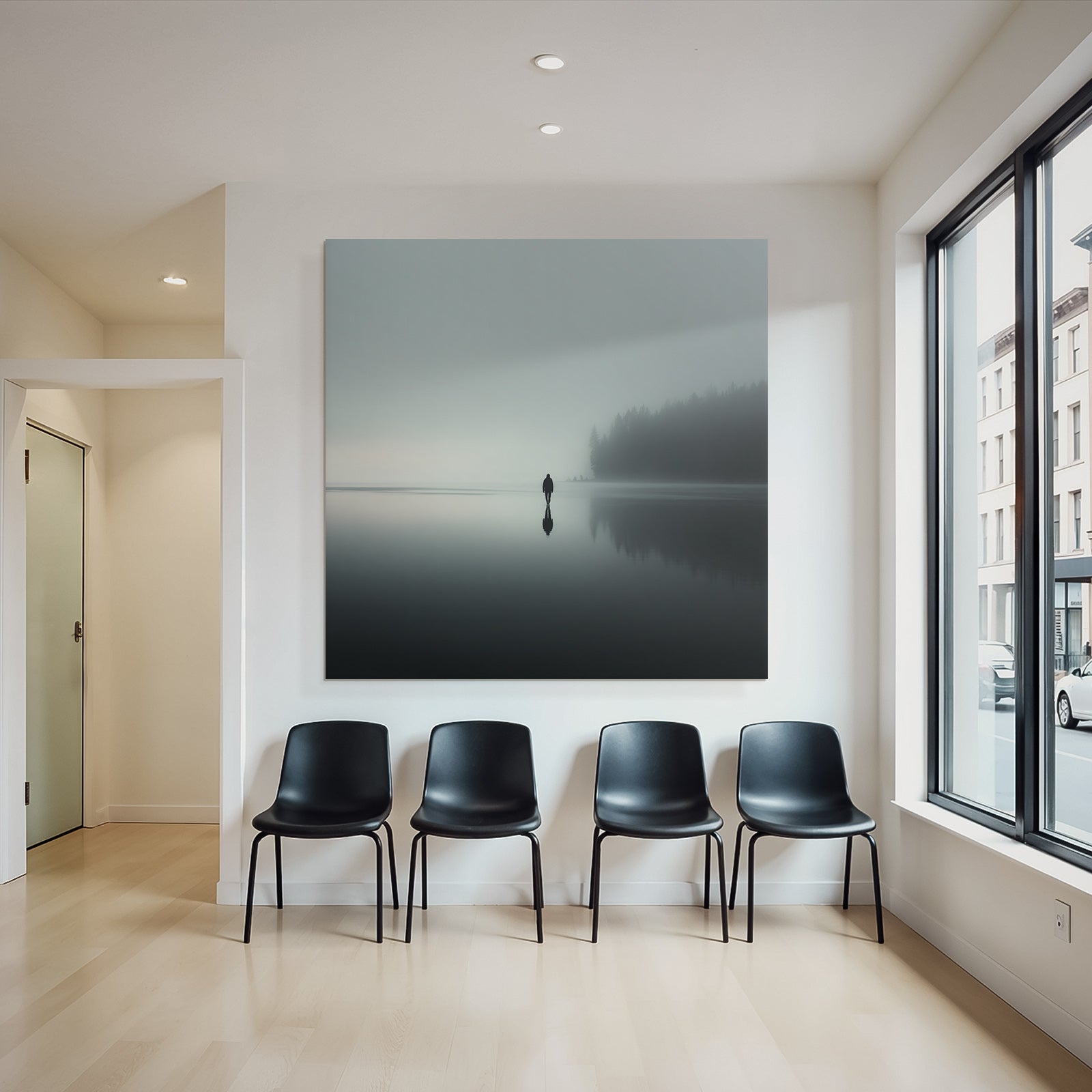 Einsame Figur Am See Im Nebel