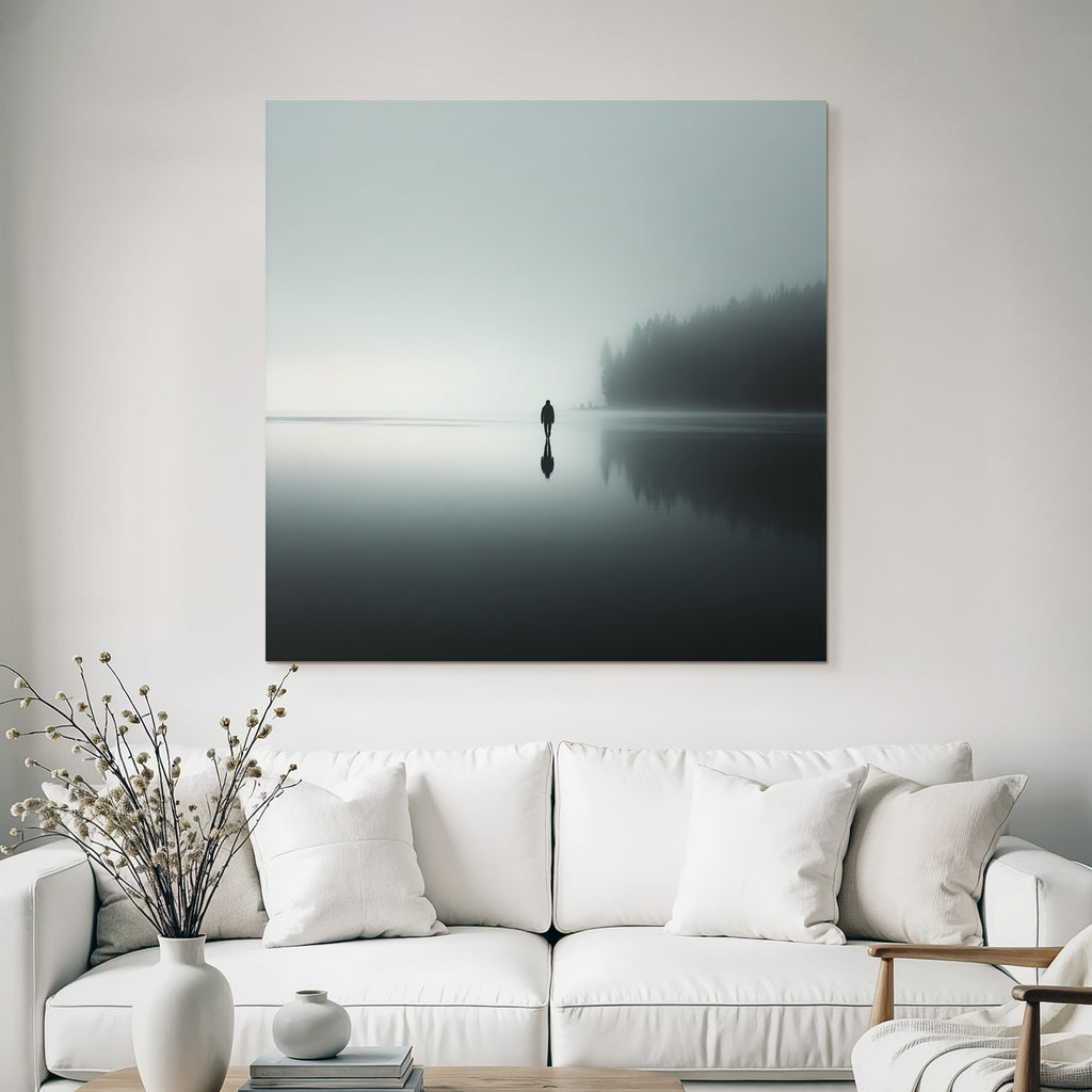 Einsame Figur Am See Im Nebel