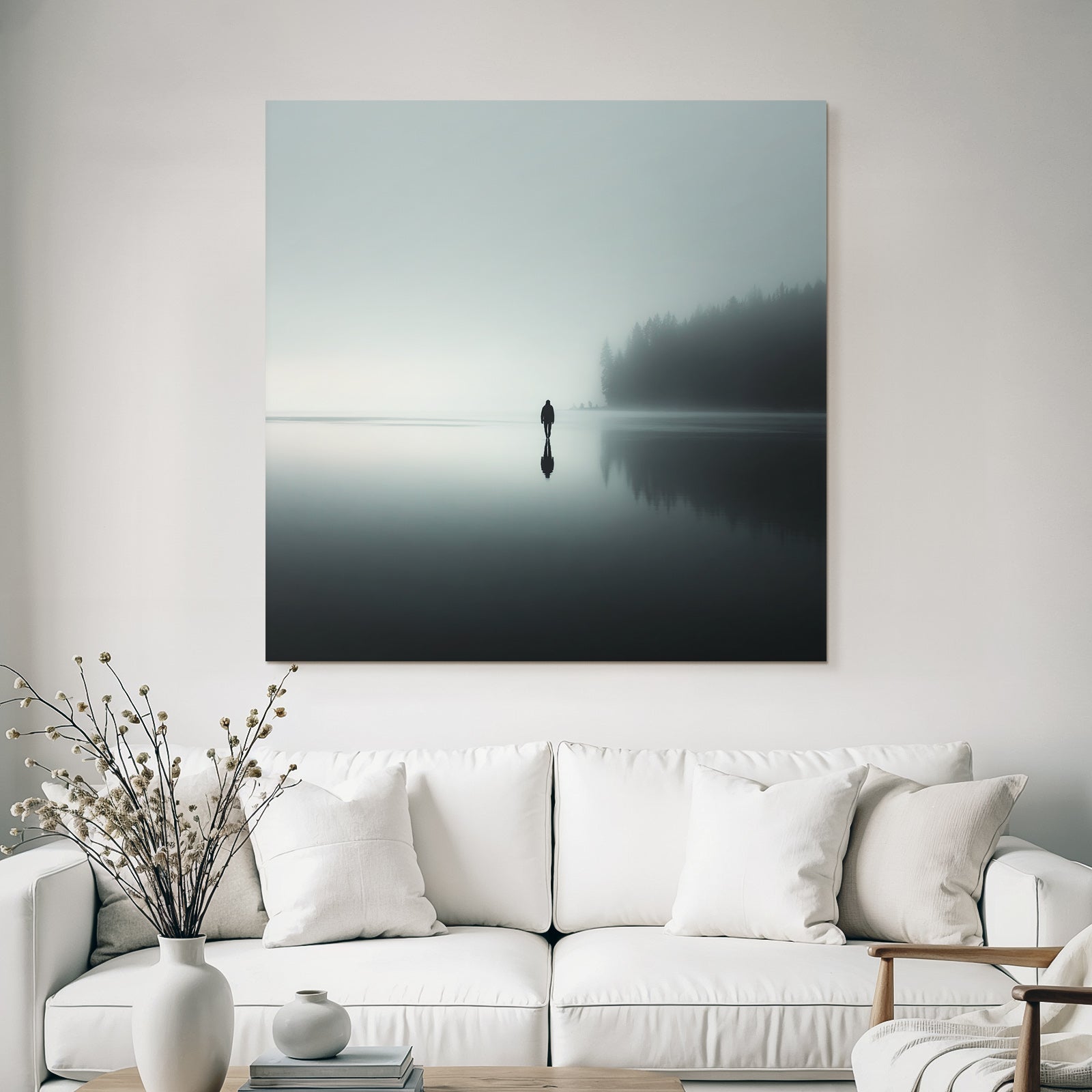 Einsame Figur Am See Im Nebel