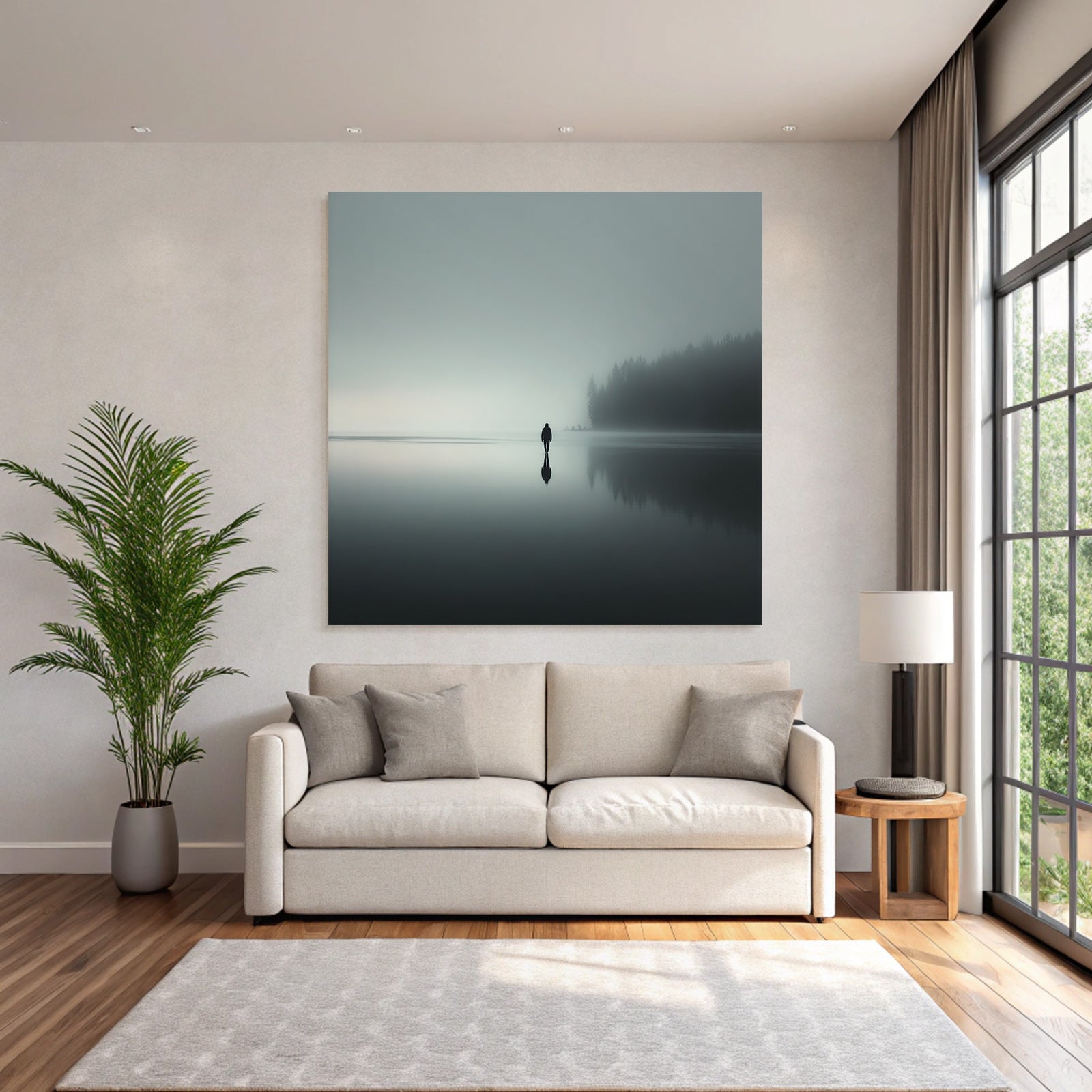 Einsame Figur Am See Im Nebel