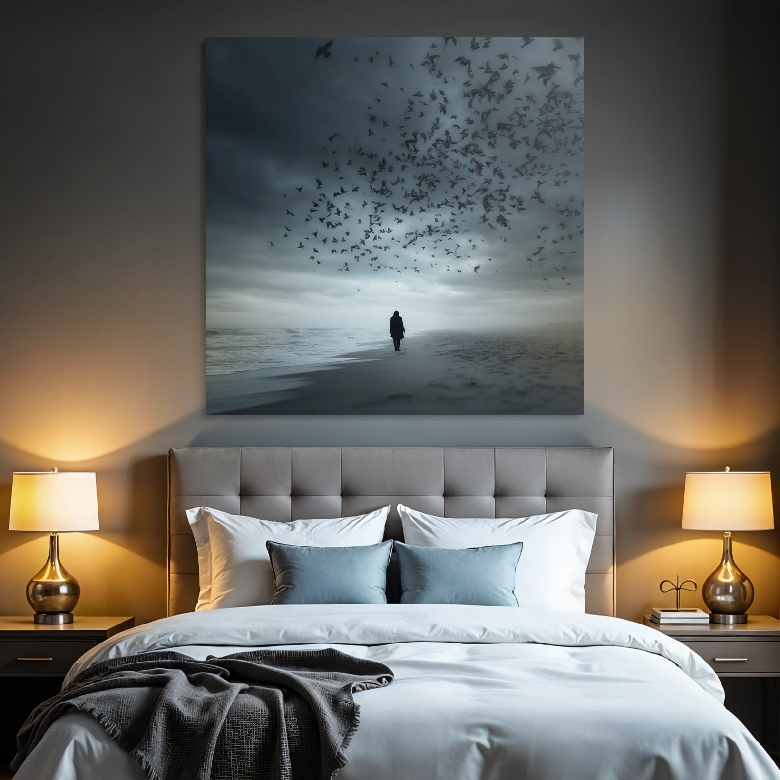 Einsame Figur Am Strand Mit Vögel
