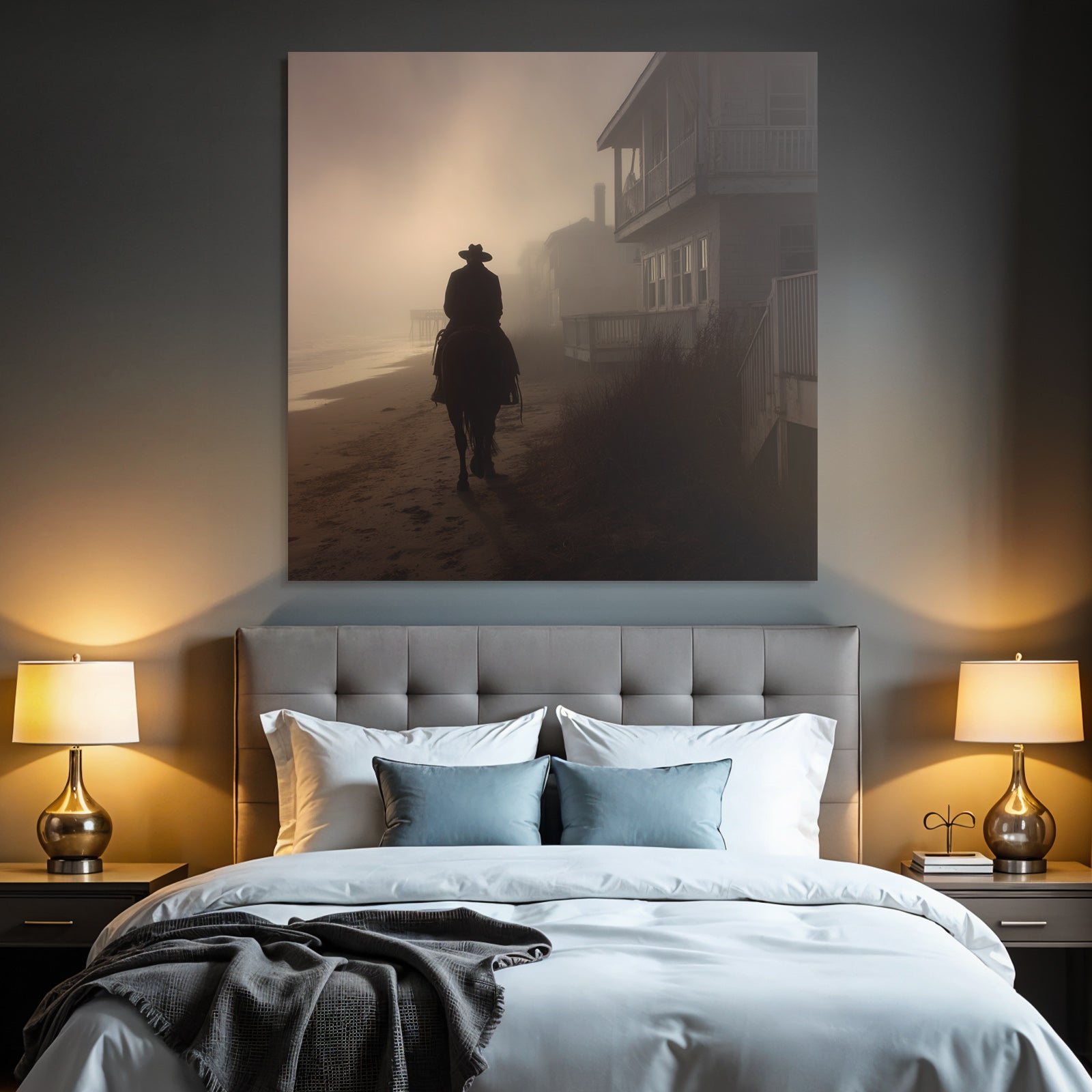 Einsame Figur Auf Pferd Strand Nebel Gebaüde