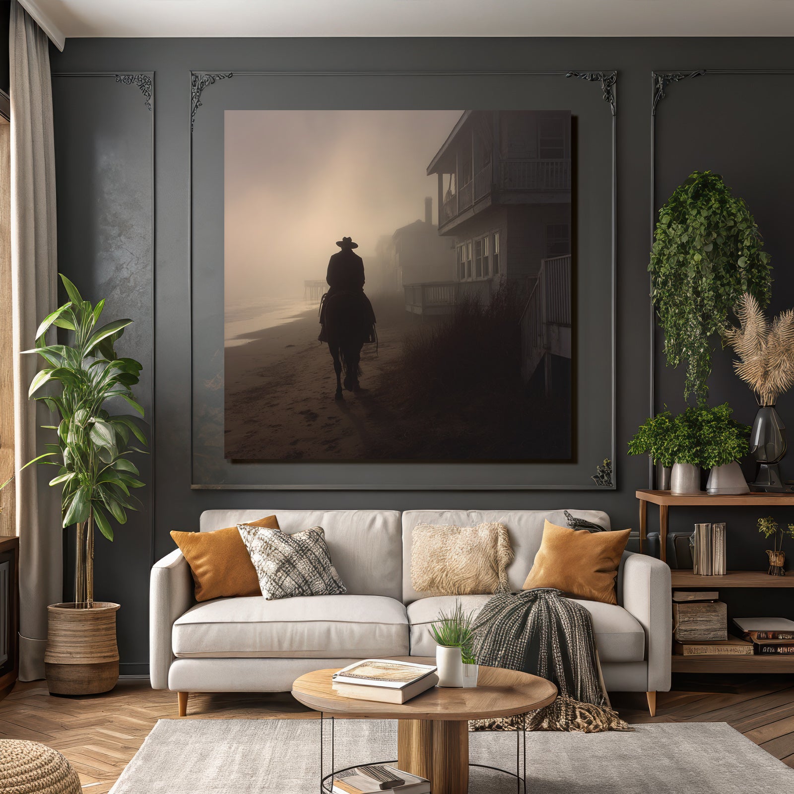 Einsame Figur Auf Pferd Strand Nebel Gebaüde
