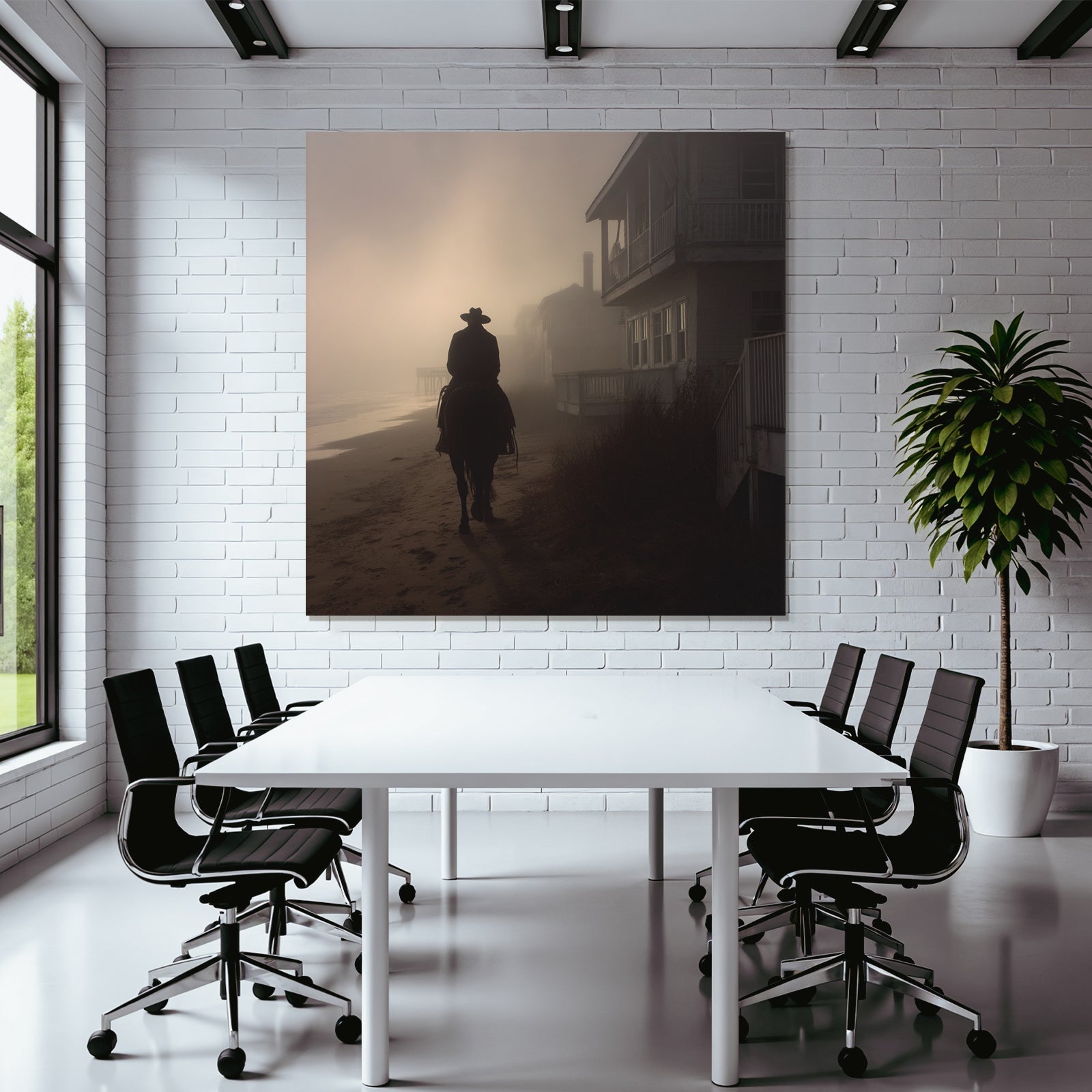 Einsame Figur Auf Pferd Strand Nebel Gebaüde
