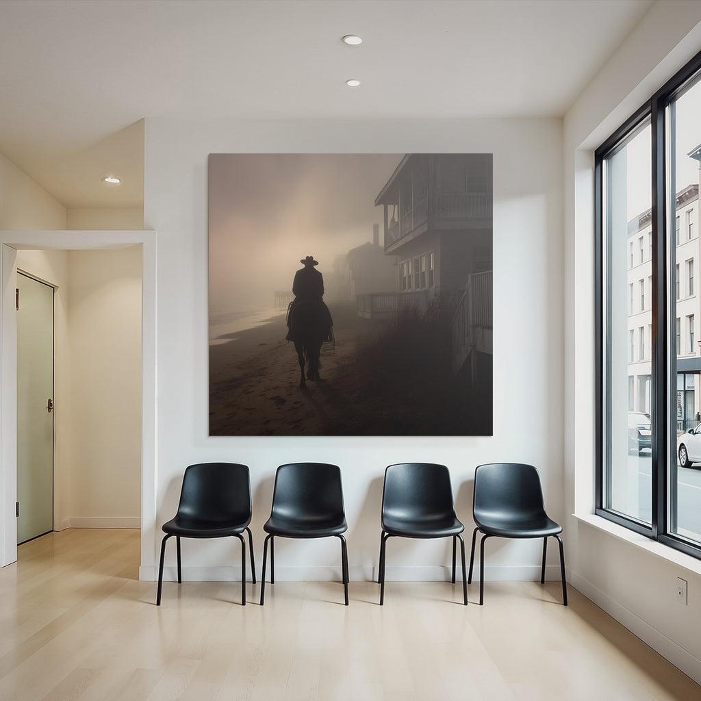 Einsame Figur Auf Pferd Strand Nebel Gebaüde
