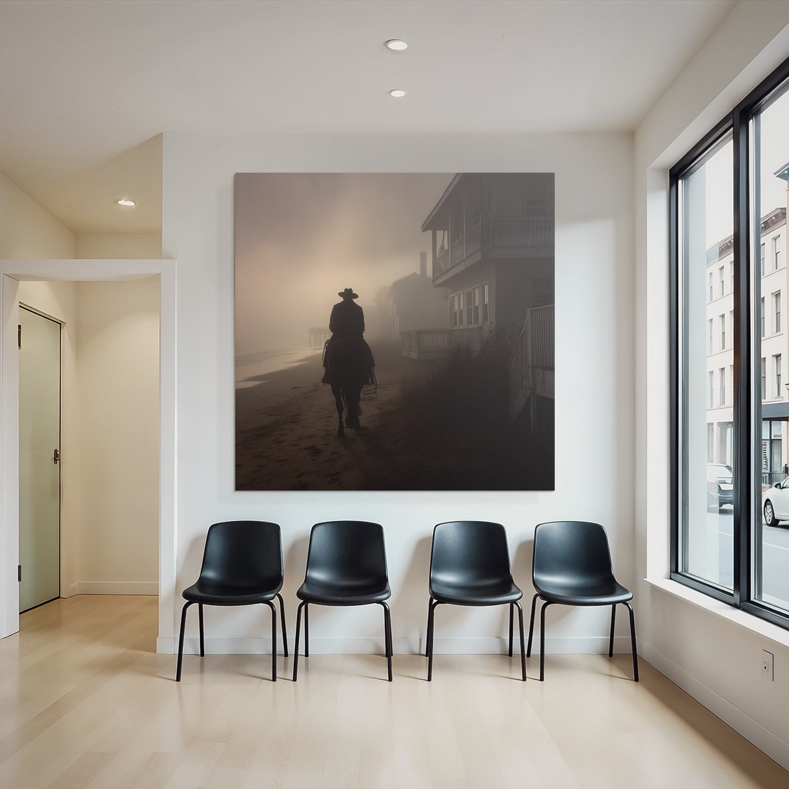 Einsame Figur Auf Pferd Strand Nebel Gebaüde