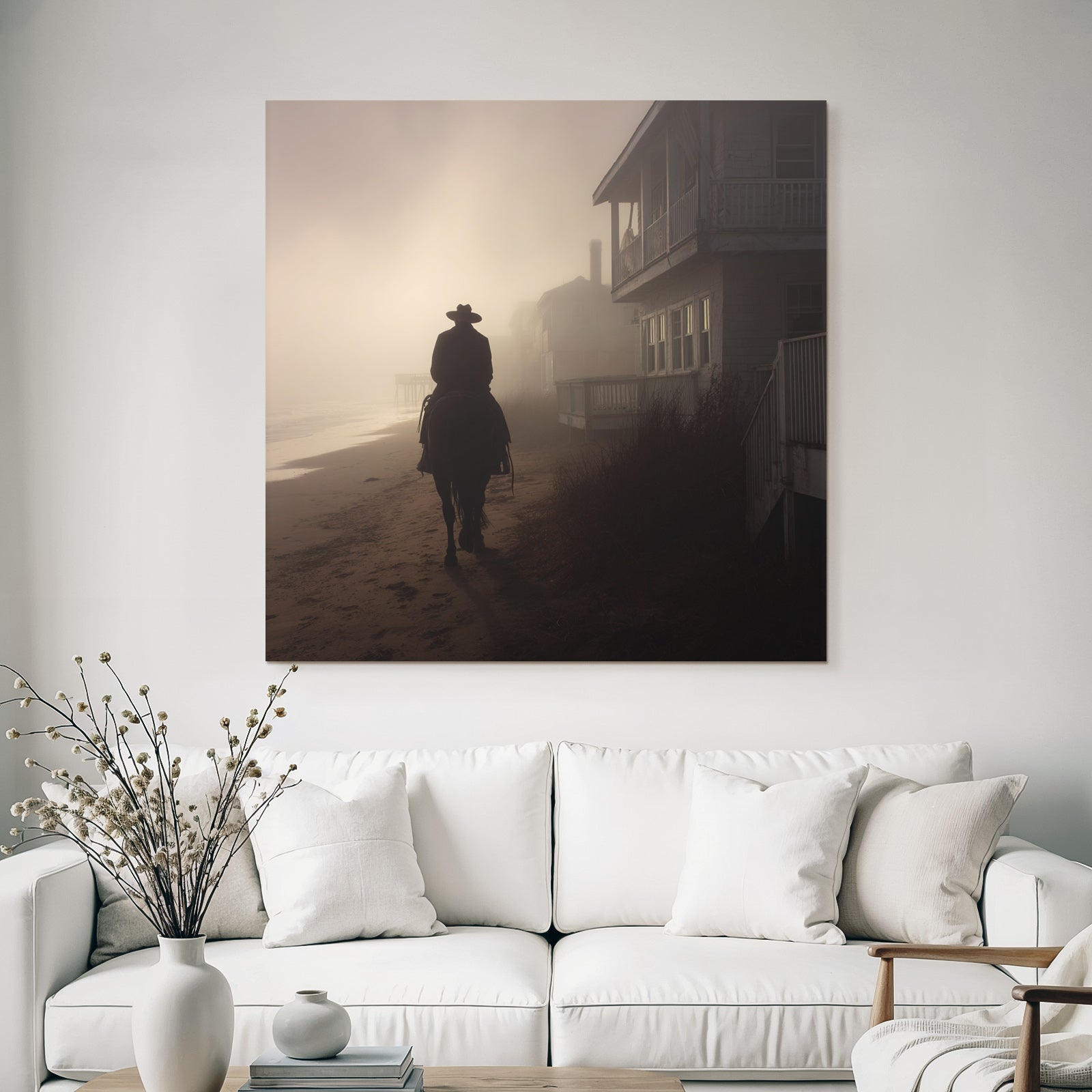 Einsame Figur Auf Pferd Strand Nebel Gebaüde