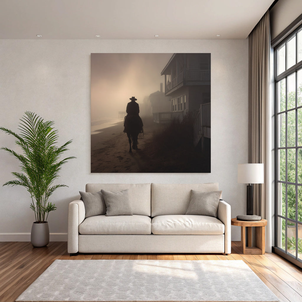 Einsame Figur Auf Pferd Strand Nebel Gebaüde