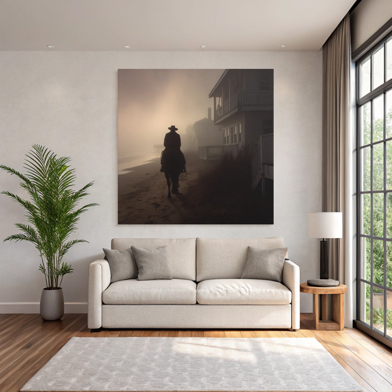 Einsame Figur Auf Pferd Strand Nebel Gebaüde