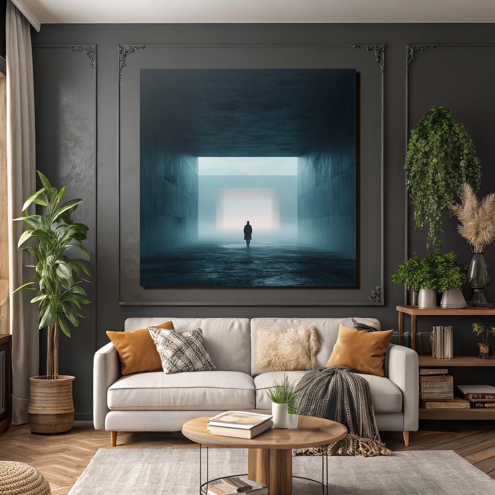 Einsame Figur Im Nebel Artige Minimalistische Umgebung