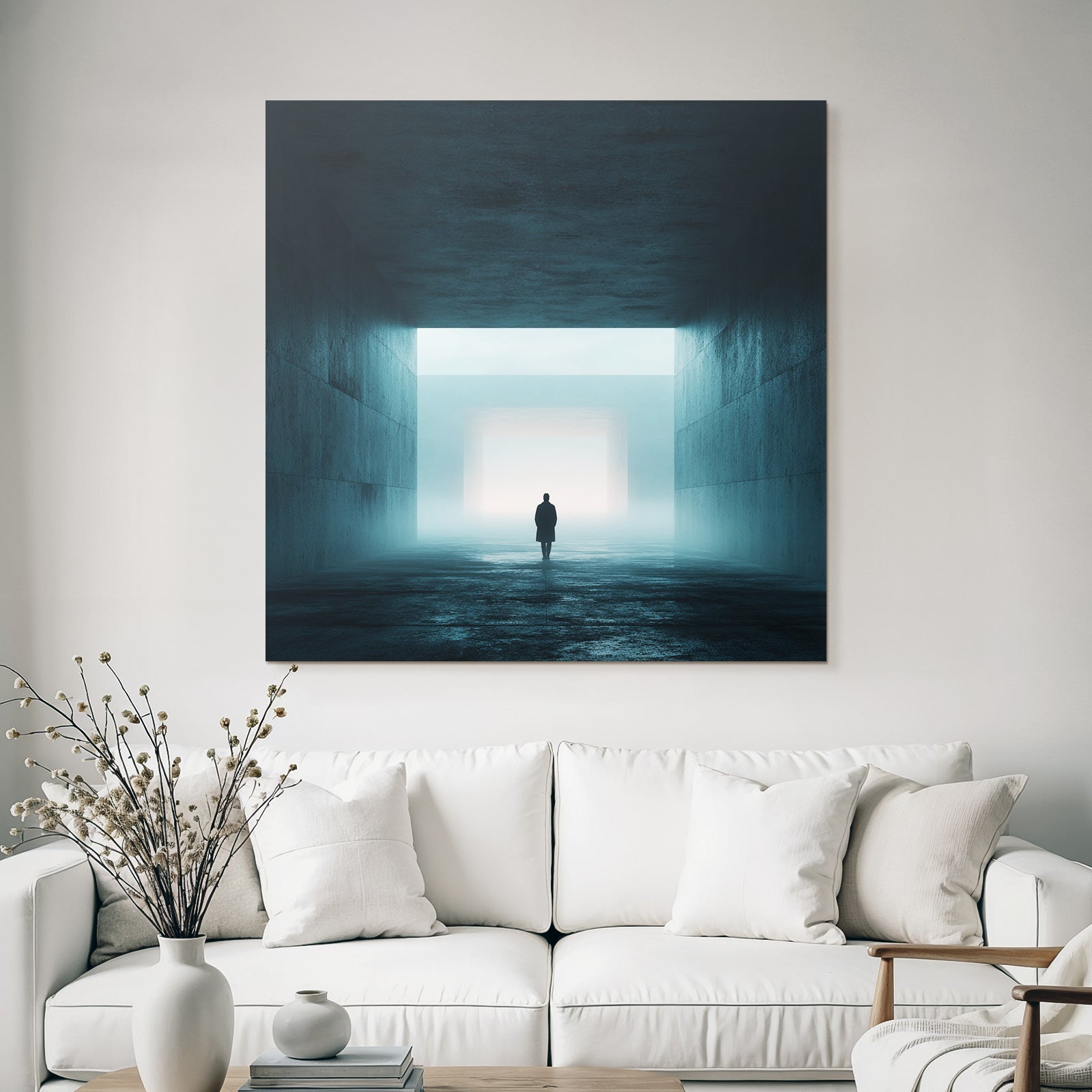 Einsame Figur Im Nebel Artige Minimalistische Umgebung