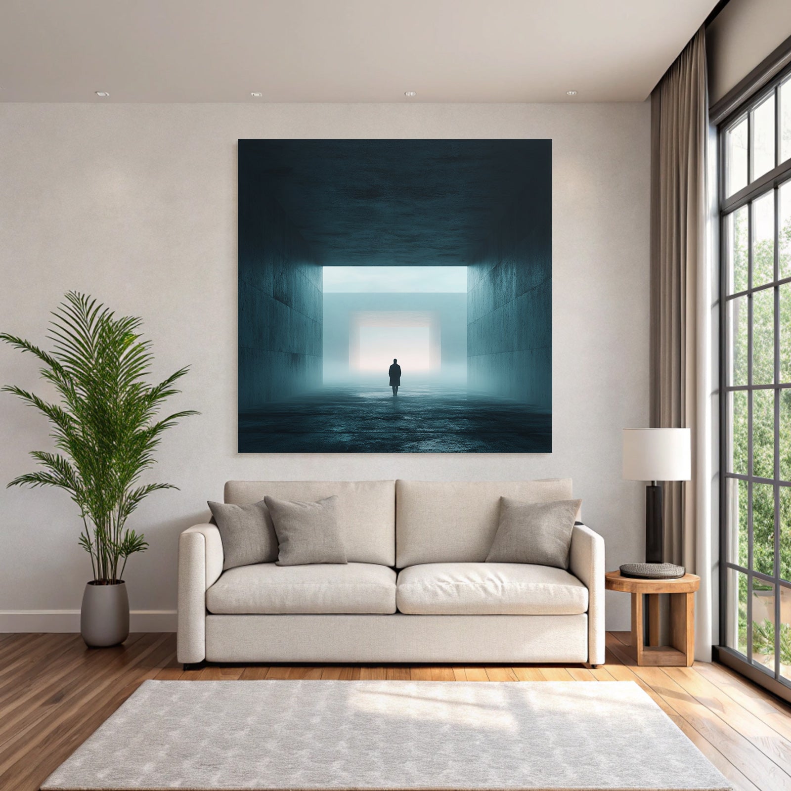 Einsame Figur Im Nebel Artige Minimalistische Umgebung