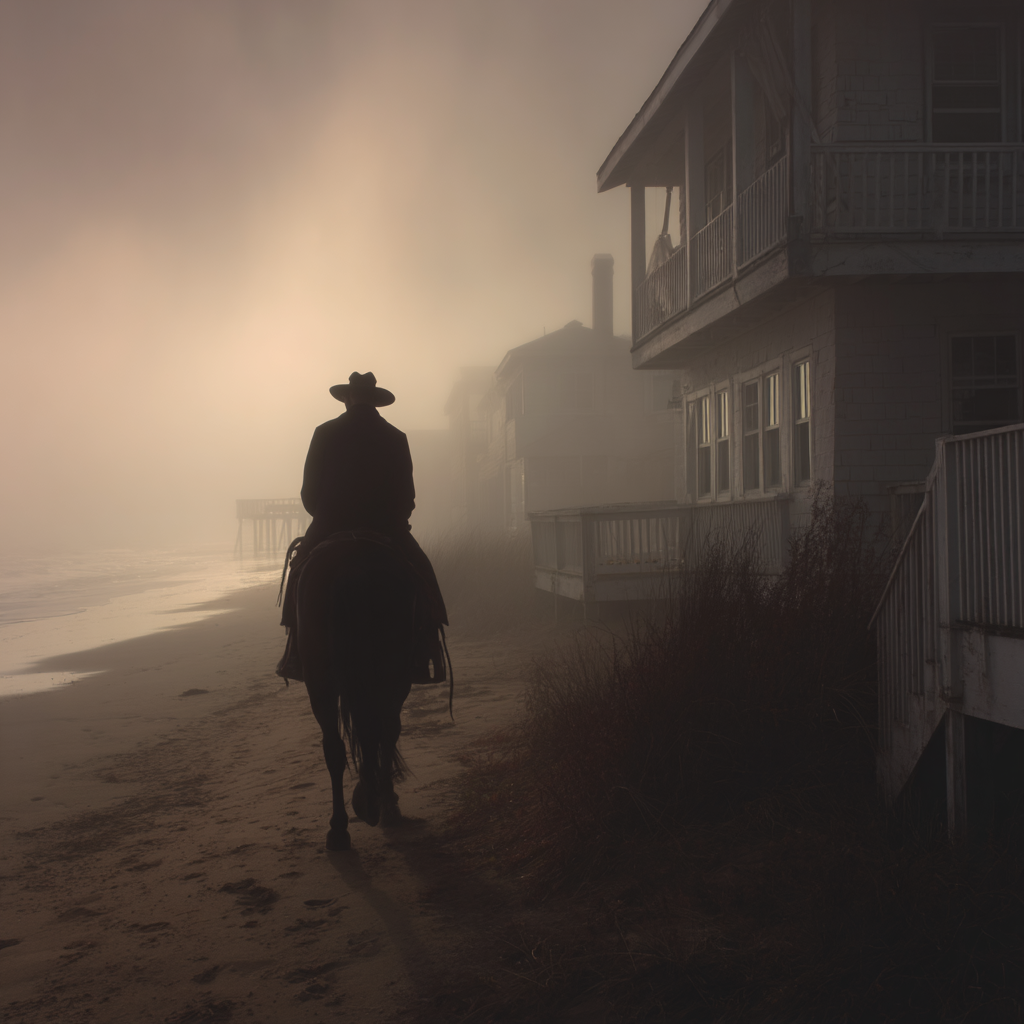 Einsame Figur Auf Pferd Strand Nebel Gebaüde | Fotografie | Kunstgattungen