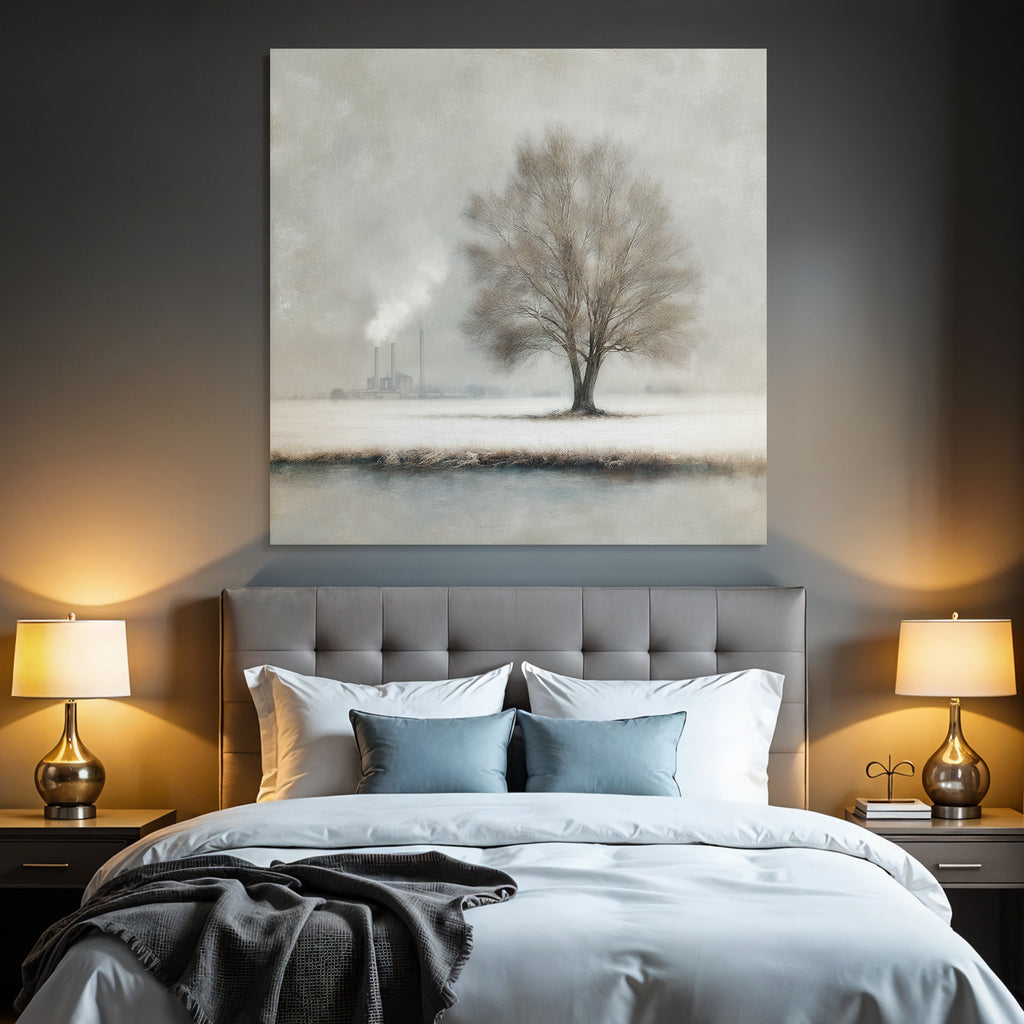 Einzelner Baum Im Winterlandschaft Mit Industriellem Smoke