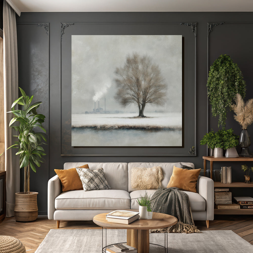 Einzelner Baum Im Winterlandschaft Mit Industriellem Smoke