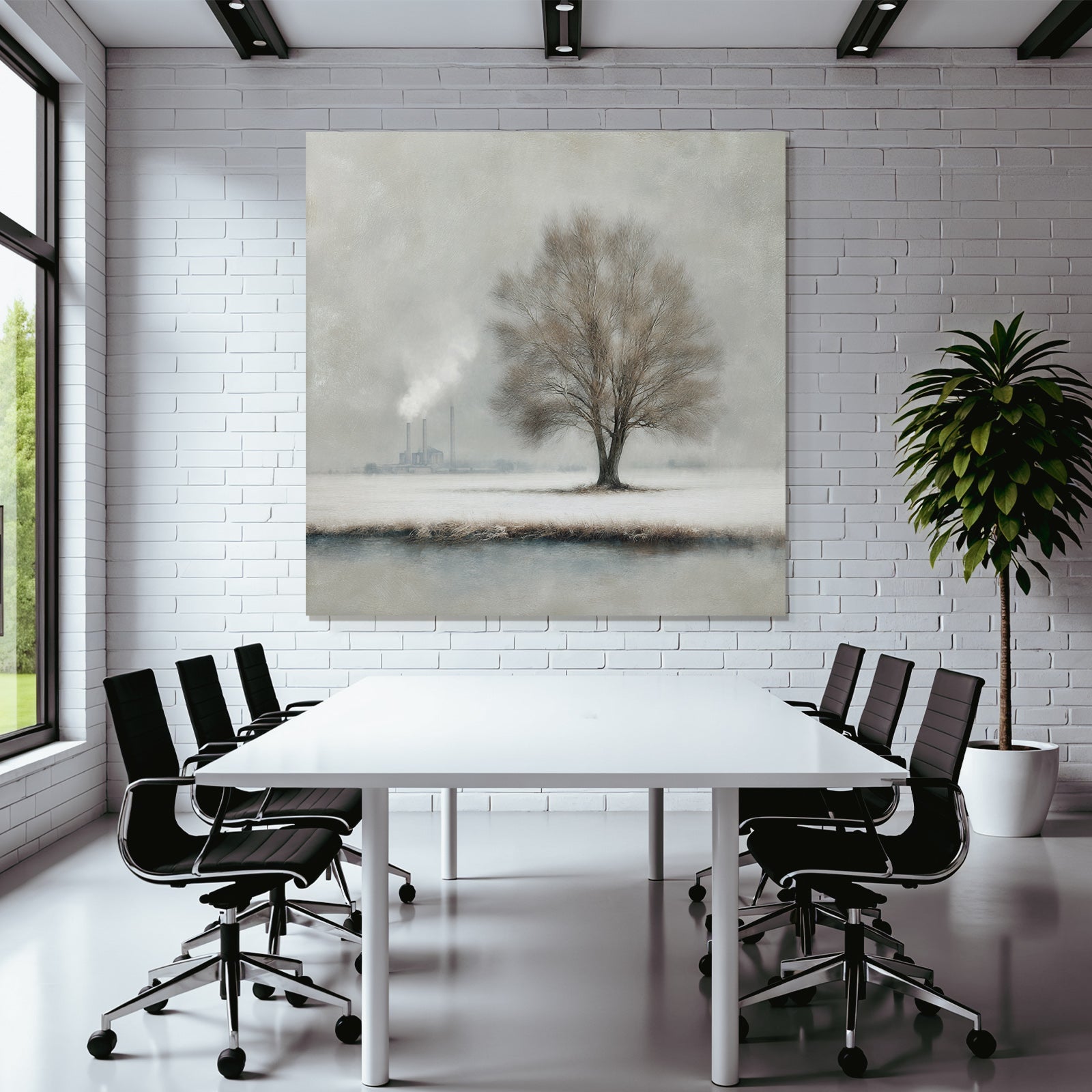 Einzelner Baum Im Winterlandschaft Mit Industriellem Smoke