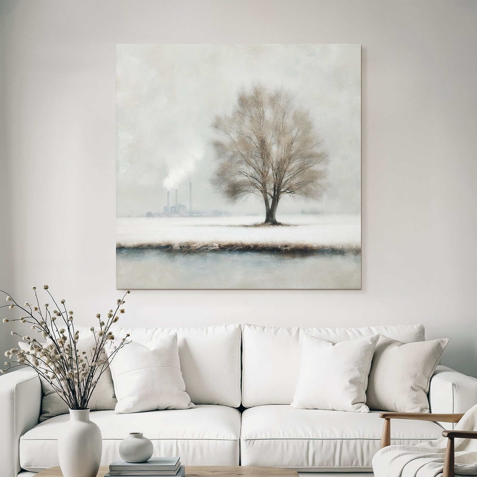 Einzelner Baum Im Winterlandschaft Mit Industriellem Smoke
