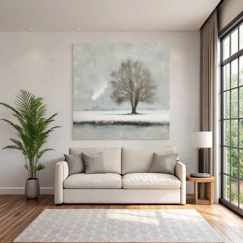 Einzelner Baum Im Winterlandschaft Mit Industriellem Smoke