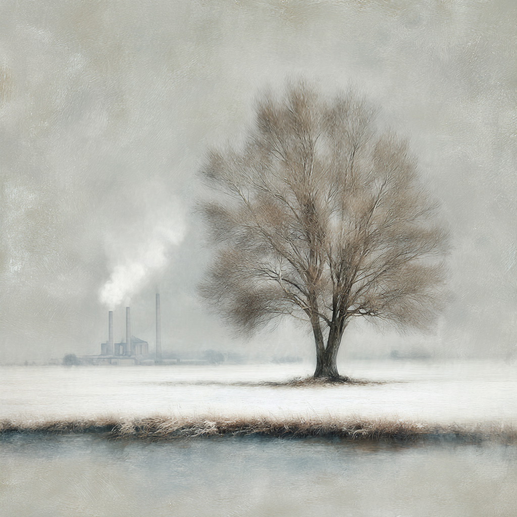 Einzelner Baum Im Winterlandschaft Mit Industriellem Smoke | Fotografie | Kunstgattungen