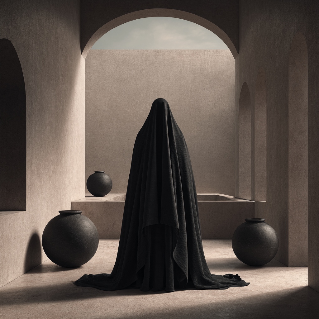 Figur In Dunklem Garant Raum Mit Runden Arkaden Und Blumentöpfen | Fotografie | Kunstgattungen