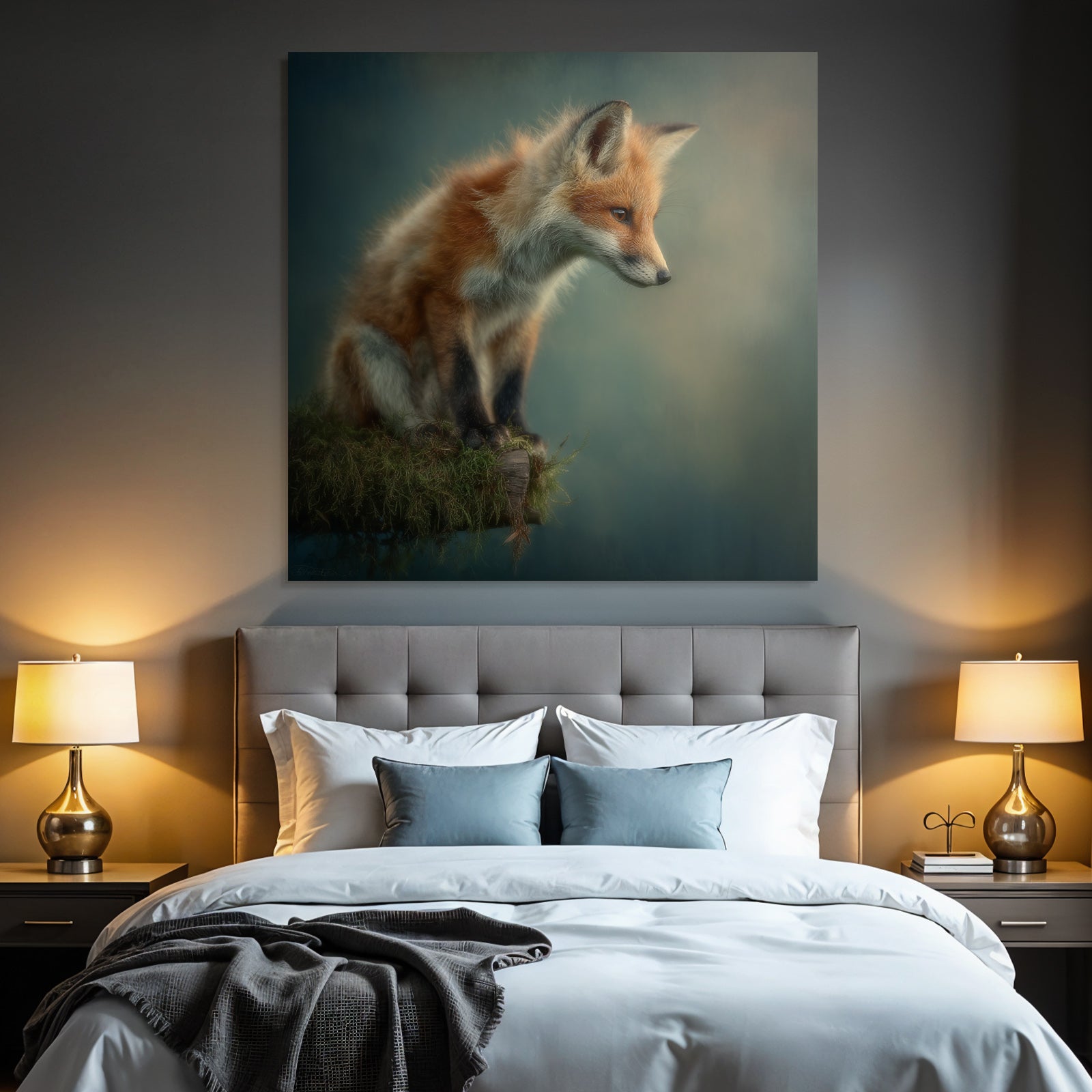 Fuchs Auf Stamm Mit Moos Verschwommener Hintergrund
