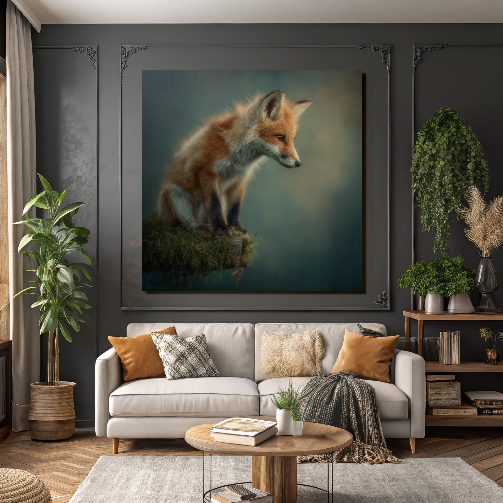 Fuchs Auf Stamm Mit Moos Verschwommener Hintergrund