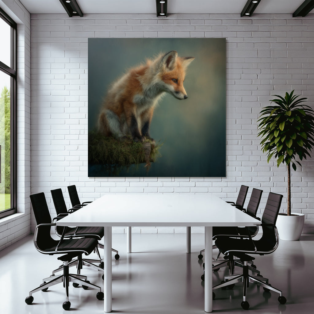 Fuchs Auf Stamm Mit Moos Verschwommener Hintergrund