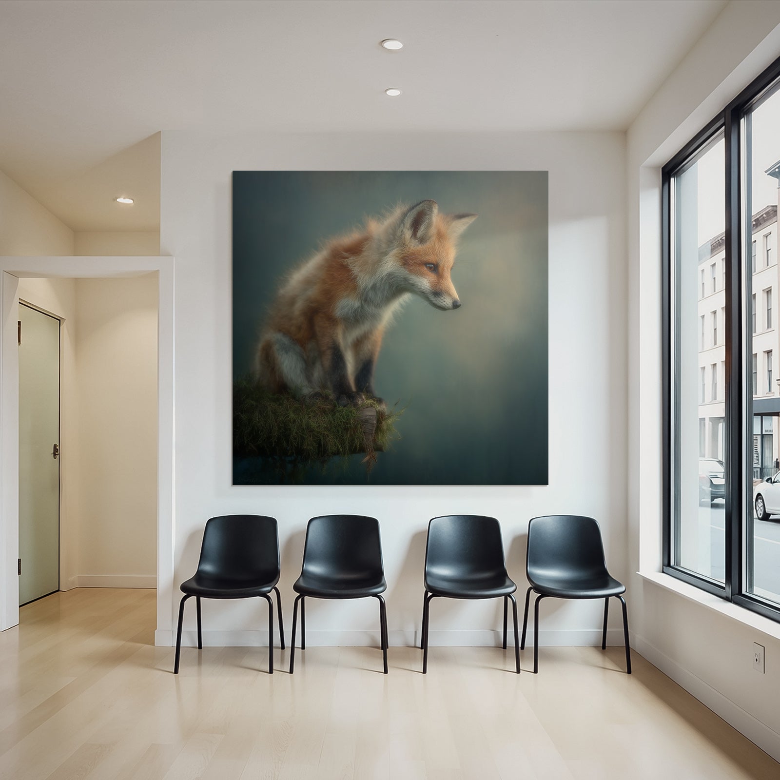 Fuchs Auf Stamm Mit Moos Verschwommener Hintergrund