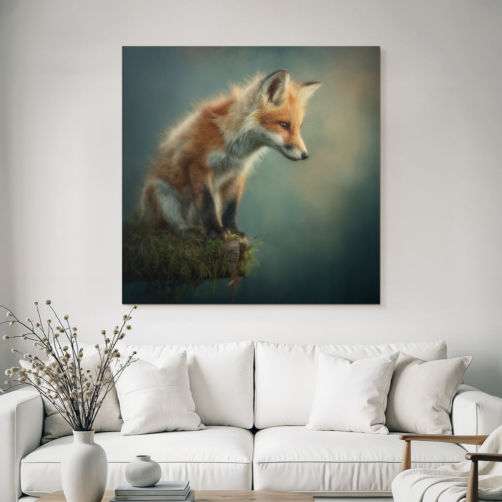 Fuchs Auf Stamm Mit Moos Verschwommener Hintergrund