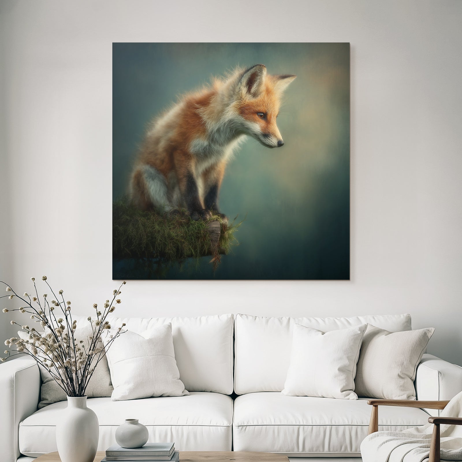 Fuchs Auf Stamm Mit Moos Verschwommener Hintergrund