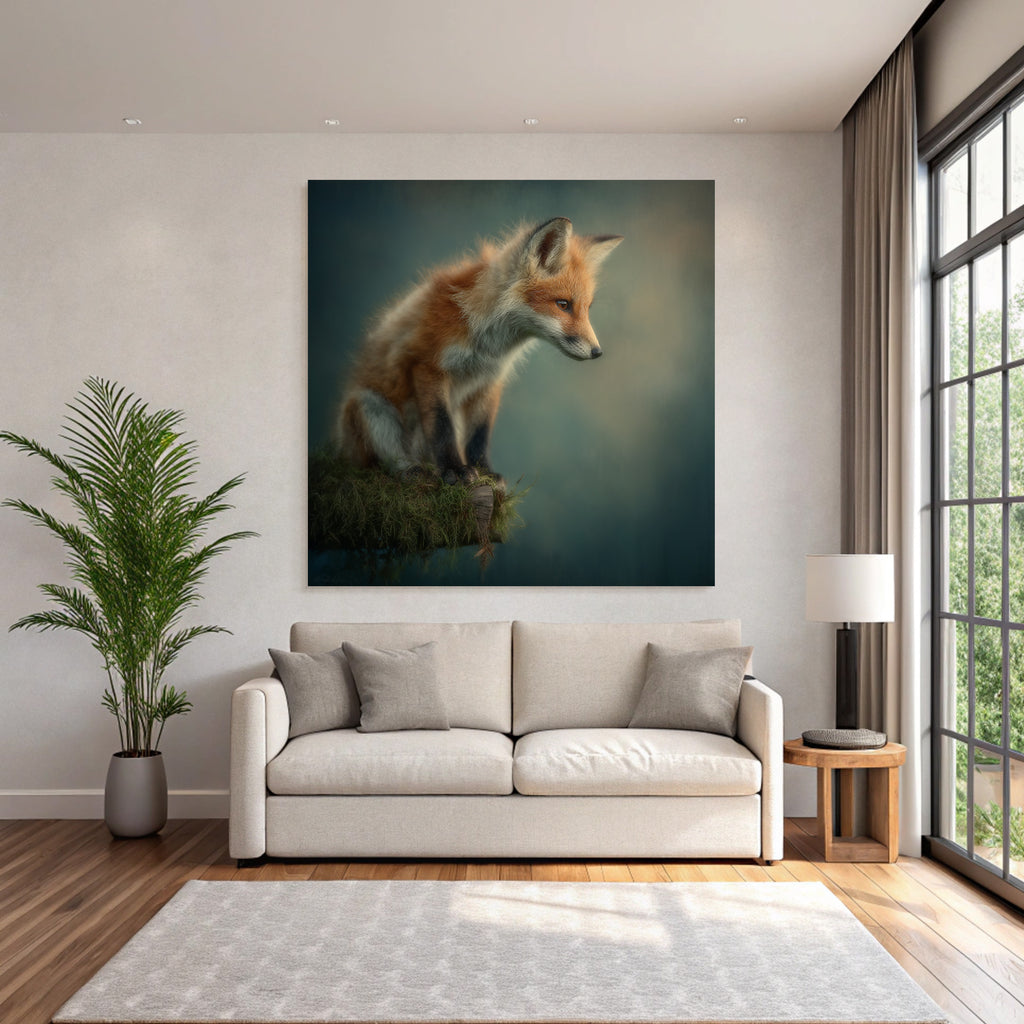 Fuchs Auf Stamm Mit Moos Verschwommener Hintergrund