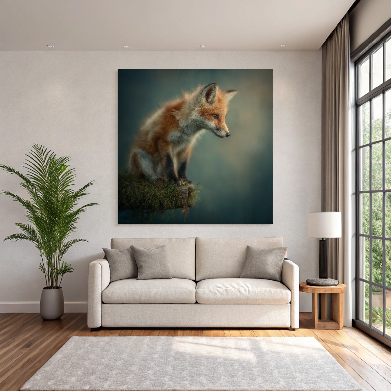 Fuchs Auf Stamm Mit Moos Verschwommener Hintergrund