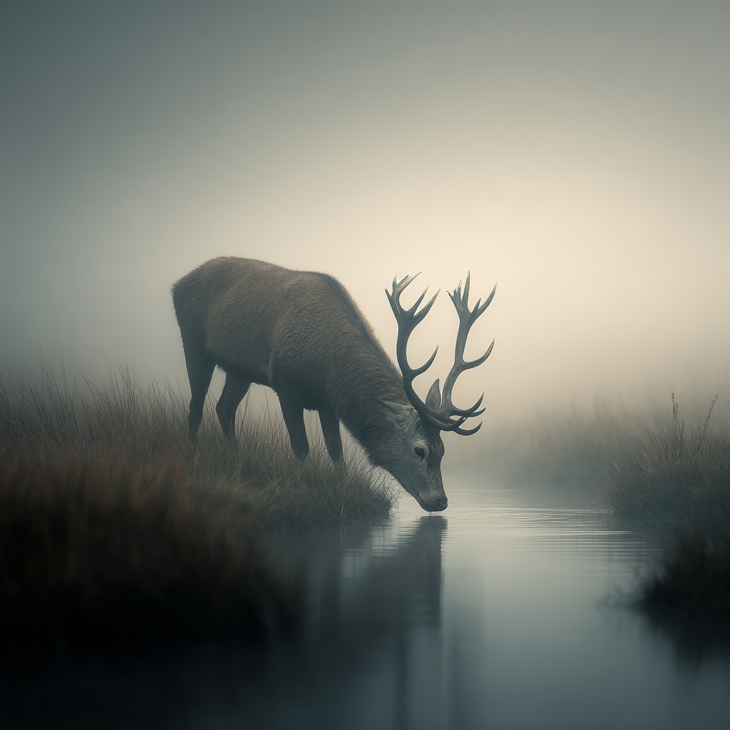 Landscape Bild Ein Reh Neben Wasser Im Nebel | Fotografie | Kunstgattungen