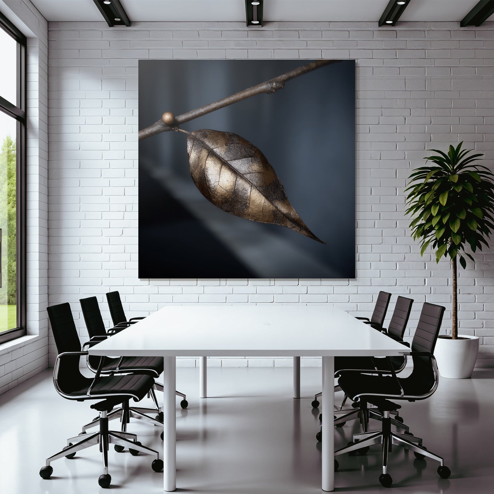 Nahaufnahme Von Bronze Oder Metallblatt Am Ast Mit Dunklem Unscharfen Hintergrund